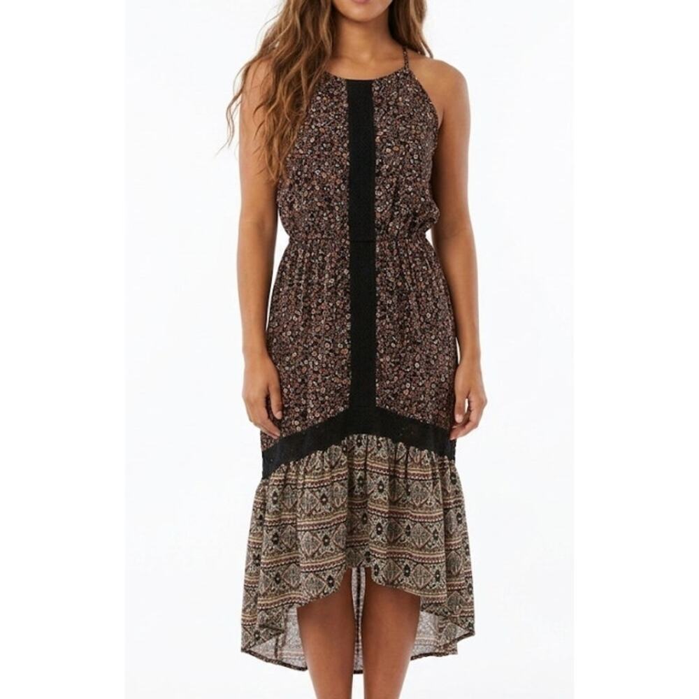Knox Rose Boho Mixed-Print Halter High-Low Dress Floral Embroidered Medium